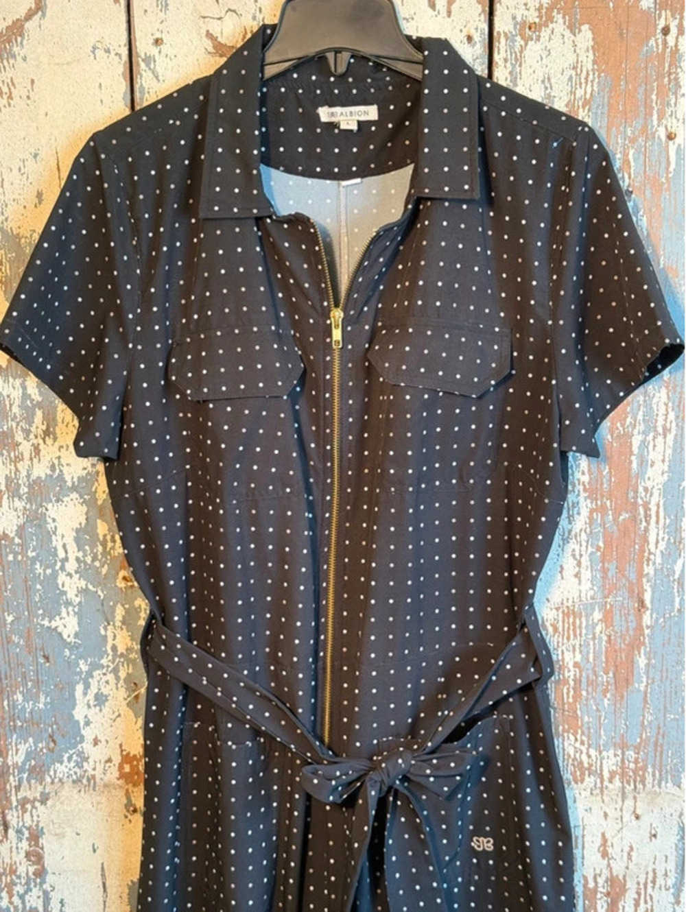 Albion Fit City Jumpsuit Black Polka Dot Front Zip Tall Large L